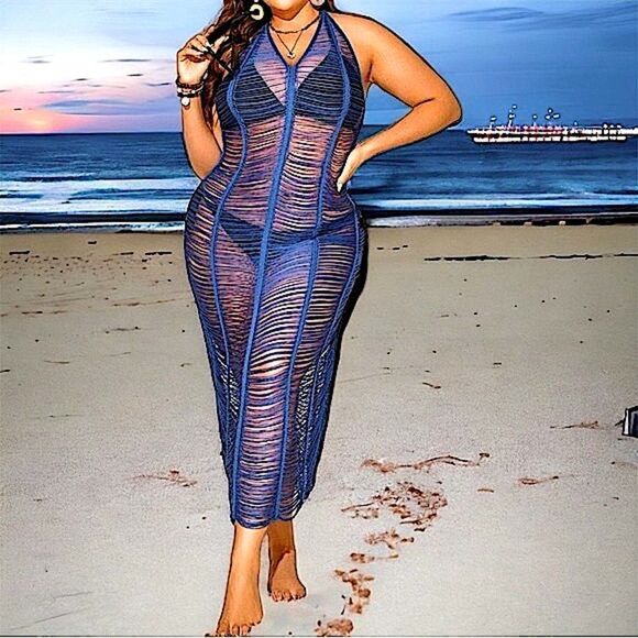 Halter l Blue / White l Soft Stretch l Swimsuit Cover Up, Dress l OX-3X l New - Picture 10 of 10
